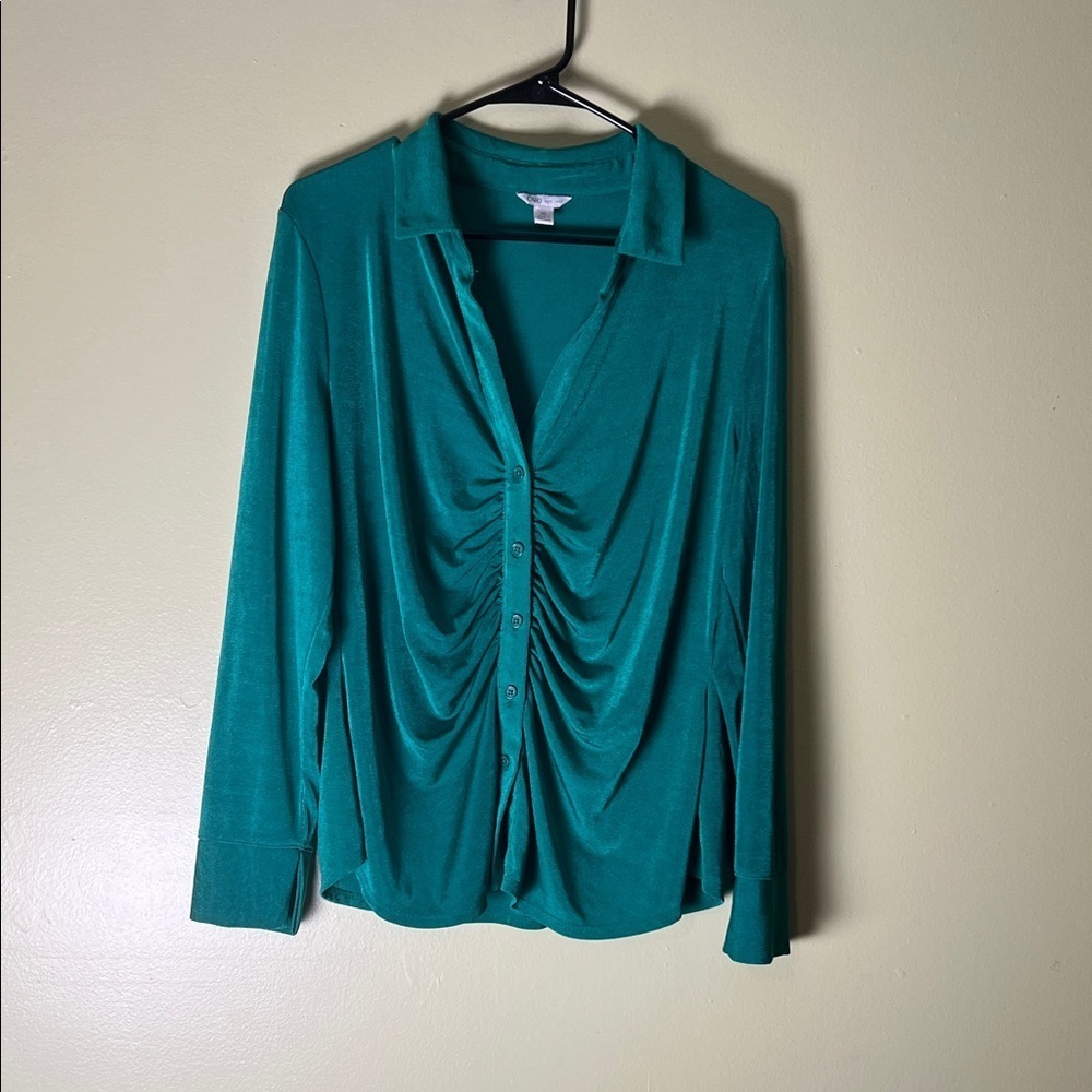 Cato Teal Ruched Button-Down Shirt